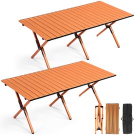 Suzile 2 Pack Foldable Low Picnic Table 4 ft Portable Lightweight Camping Table Fold Up Collapsible Roll up Metal Camp with Carry Bag for Party Patio Garden Outside Outdoor Beach(Nut Brown)