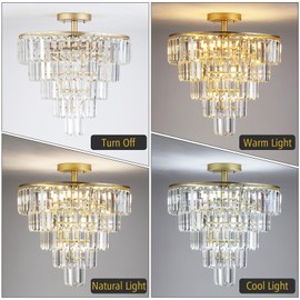QHANTOMIZE 20" Crystal Chandelier, 10-Light Modern Gold Flush Mount Chandelier, Luxury Round Crystal Semi Flush Mount Ceiling Light Fixture for Dining Room, Living Room, Hallway, E12 Sockets