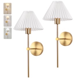 Wireless Wall Sconce Sets of 2, Pleated Shades Rechargeable Battery Operated Wall Sconce, Retro Industrial Gold Wall Lights Bathroom Vanity Sconces, Wall Mounted Lamps for Bedroom Living Room Kitchen