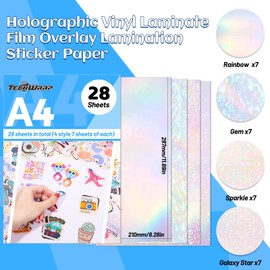 TECKWRAP Holographic Sticker Paper Clear Overlay Lamination Vinyl Patterns Laminate Sticker Film 8.26" x 11.69" A4 Size 28 sheets/Pack for DIY Crafting, Craft Cutters (Rainbow,Gem,Star, Dot)