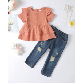 18-24 Months Girl Clothing Baby Toddler Girl Clothes 24 Months Girls Clothes Ripped Denim Jeans Pants Ruffle Short Sleeve Top 18 Month Girl Clothes Summer Jeans Outfits Sets for Girls Brown
