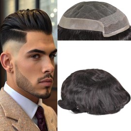 Voloria Men's Hairpiece European Human Hair Toupee 9x7inch Swiss Lace Skin PU Back Hair Replacement Wig 1B Black Color