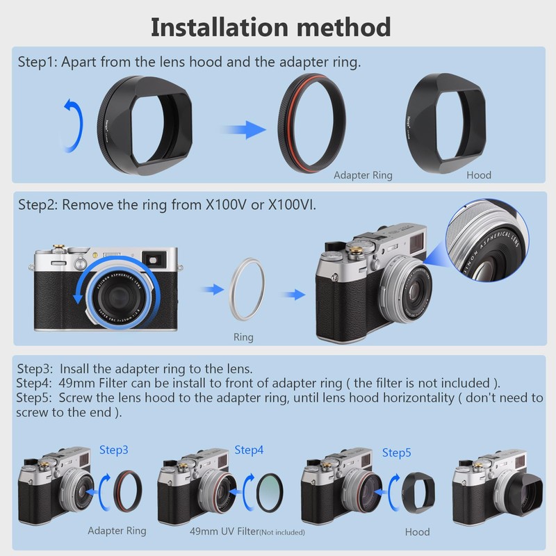 Square Metal Lens Hood for Fuji X100VI Camera Accessories Black