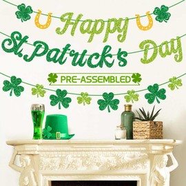 GULWAT Glitter Happy St. Patricks Day Banner Pre-Assembly Spring Shamrock Garland Irish Decorations for St Patricks Accessories Irish Party Lucky Day Office Home Glitter Wall Four Leaf Clover Decor