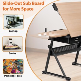 SUPER DEAL Adjustable Drafting Table Set with Charging Station, Tilting Drawing Desk Artist Desk with Stool Multifunctional Art Craft Workstation with 2 Storage Drawers (Natural)