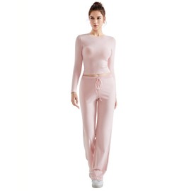 SUUKSESS Women 2 Piece Lounge Matching Sets Going Out Long Sleeve Tops Straight Wide Leg Pants (Pink, S)