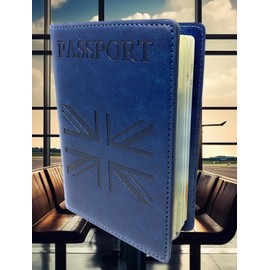MOIRENTO UK Passport Holder, PU Leather Passport Cover with Union Jack, British Passport Case, Men, Women Navy