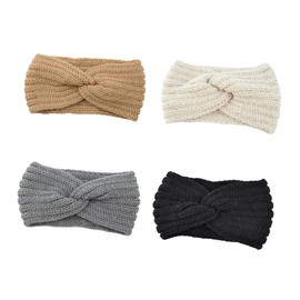 Healeved 4pcs Knitted Wool Cross Headbands for Women Fashionable Ear Warmers Winter Hair Accessories for Girls in Black Beige Camel Grey