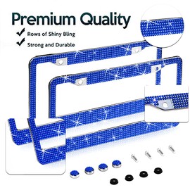 2 Pack Bling License Plate Frame，Handcrafted Bling Rhinestone Premium Stainless Steel License Plate Frame，14 Facets Clear Color Rhinestone Crystal (Blue)