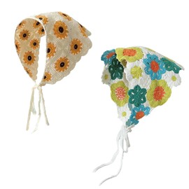 AWOCAN 2PCS Women Triangle Scarf Crochet Flower Knitted Boho Floral Headscarf Pastoral Retro Scarf Streamer Head Bands (A)
