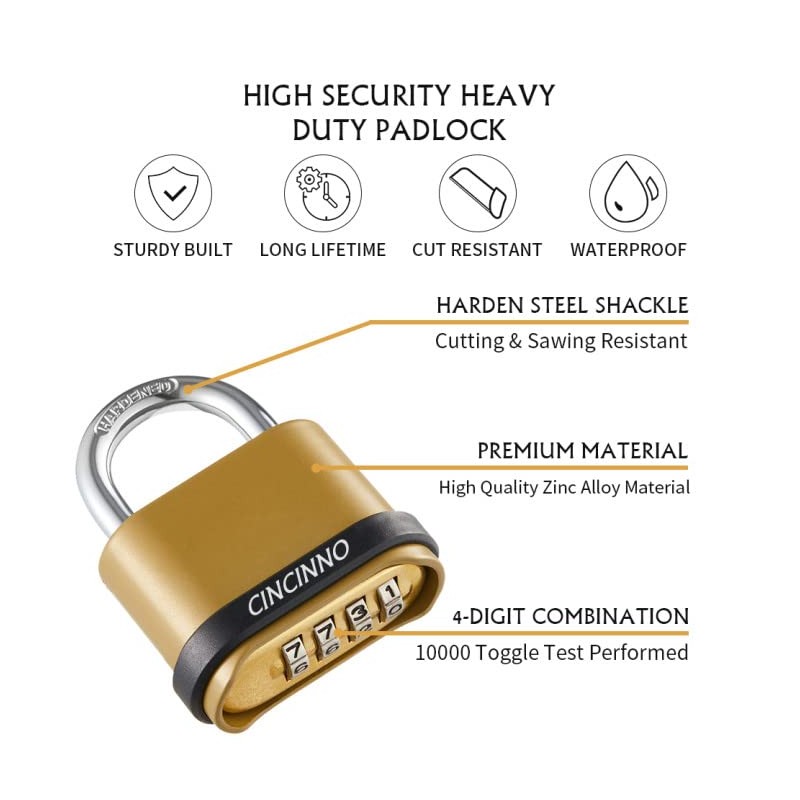 CINCINNO Heavy Duty Weatherproof Combination Lock, 4-Pack Outdoor Combo Lock,Resettable
