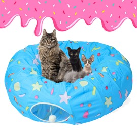 LUCKITTY Large Cat Donut Tunnel, Big Cat Tunnel Bed,Fluffy Toy Balls, Small Cushion and Flexible Design- 12 inch Diameter, Great for Cats, and Small Dogs,Cream