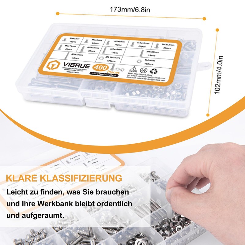 VIGRUE 400 Pieces M4 Screws Set, Stainless Steel 304 Screws