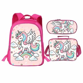 Nanen 3PCS Unicorn Rainbow Backpack Sets for Girls Kids Bookbag with Lunch Box Pencil Case for Elementary Kindergarten