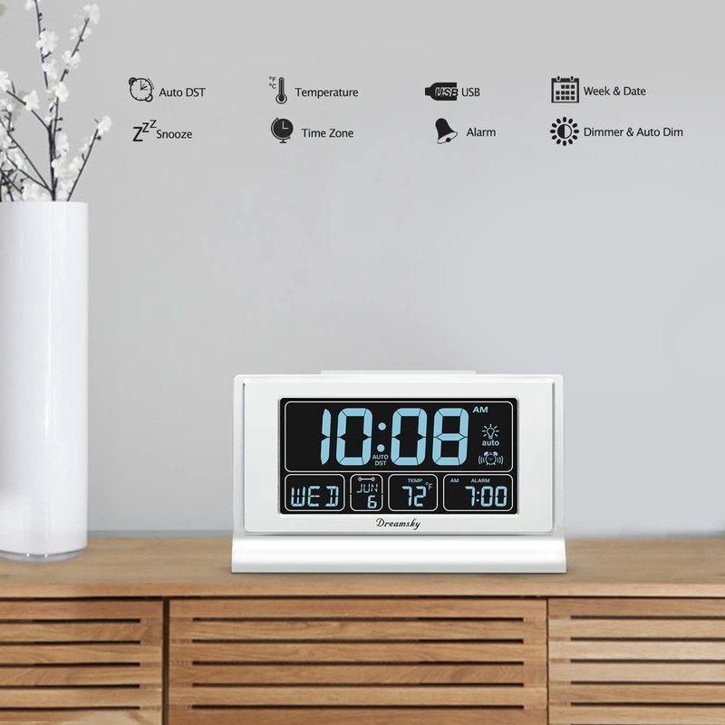 DreamSky Alarm Clocks for Bedrooms with Battery Backup, Auto Set