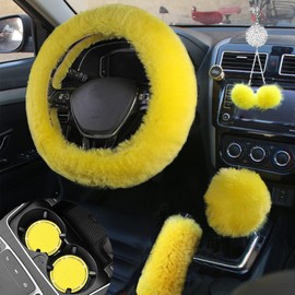 ZXGHIJJ Fluffy Car Accessories Set,Fur Cute Fluffy Steering Wheel Cover Set for Women & Furry Handbrake Cover & Gear Shift Cover & Car Rearview Mirror Pendant & 2 Pieces Bling Car Coaster (Yellow)