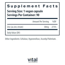 Vital Nutrients Zinc Citrate 30mg - Easily Absorbed Immune Support Supplement - Vegan Zinc Supplement - Gluten, Dairy, Soy Free - Non-GMO - 30mg - 90 
