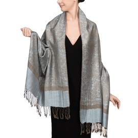 Achillea Two Tone Vintage Jacquard Paisley Pashmina Shawl Wrap Scarf (Powder Blue)