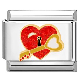 Quiges - 9mm Italian Style Charm Link Module Stainless Steel Heart Whith Key for Italian Style Bracelets