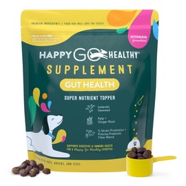 Happy Go Healthy Dog Gut Health Probiotics Supplement | Improves Digestive Health and Immune System Support for Dogs and Puppies | All Natural Ingredients Tasty Kibble Dog Food Topper | 120 Count Pack