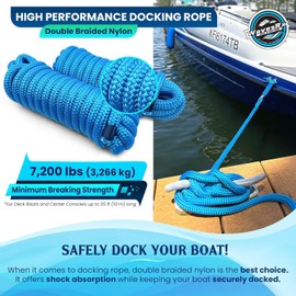 Premium Nylon Boat Dock Lines & Ropes for Docking & Pontoon | Double Braided Marine Rope | Boat Ropes for Docking with Loop | UV & Saltwater Resistant Dock Rope (Lagoon Blue, 1/2” x 20’)