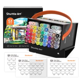 Shuttle Art Alcohol Markers Brush tip, Dual Tip Brush & Chisel Tip Art Marker Set, 50 Colors plus 1 Blender Permanent Marker Pens with Case Perfect for Illustration Students Adults Coloring