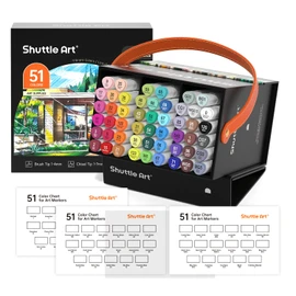Shuttle Art Alcohol Markers Brush tip, Dual Tip Brush & Chisel Tip Art Marker Set, 50 Colors plus 1 Blender Permanent Marker Pens with Case Perfect for Illustration Students Adults Coloring