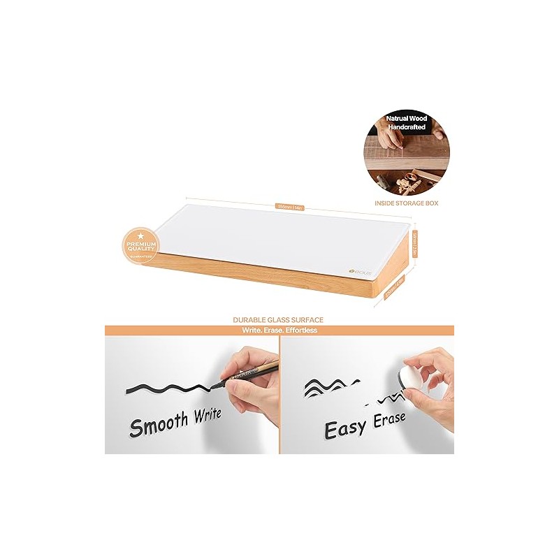 Aesthetic Glass Desktop Whiteboard with Wooden Organizer