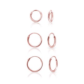 DTPsilver Women's Small Hoop Earrings, 3 Pairs, 925 Sterling Silver Yellow Gold-Plated or Rose Gold Plated Thickness 1.5 mm Diameter 8, 10, 12 mm, Silver