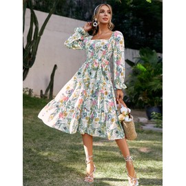 Amegoya Amegoya Women's Boho Flowy Long Sleeve Spring Dress Smocked Square Neck Tiered Midi Dress(A-Floral M)