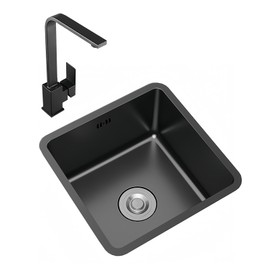 Black Kitchen Sink 13 Inch Undermount Single Bowl Workstation Sink, SUS304 Stainless Steel Bar Square Sink RV Utility Sinks With Accessories (Square Faucet, 13.8x13in)