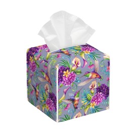 OHEGBXE Hummingbird and Tropical Flower Tissue Box Cover Square, Tissue Box Holder Leather Facial Paper Case Decorative Organizer Holder Dispenser Home Office Car Decor