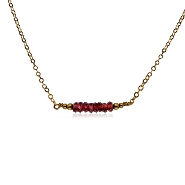 Tiny Sparkling Garnet Faceted Bead Bar Necklace in Bronze
