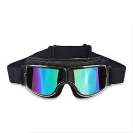Ashilun Retro Pilot Motorcycle Goggles - Fog-Proof Warm Riding ATV Bike Motocross Glasses With Safety Features (Black Frame/Colorful Mirrored Lens)