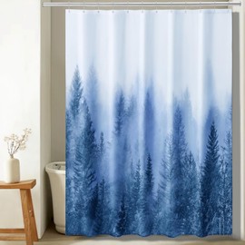 ORTIGIA 84 Inch Long Blue Misty Forest Shower Curtain for Bathroom, Nature Woodland Shower Curtain Set with Hooks, Decorative Pine Tree Fog Magic Bath Curtain, Waterproof Fabric, Weighted, 72x84