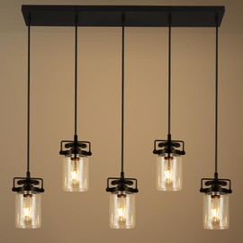 Pendant Lighting for Kitchen Island, Dining Room Light Fixture Black, 5-Light Hanging Linear Chandeliers with Clear Glass Shade Farmhouse Chandeliers for Dining Room(E26 Bulb Base)