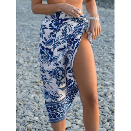 CUPSHE Women Sarong Swimsuit Cover Ups Side Tie Midi Beach Bathing Suit Coverups Blue Floral, M