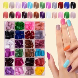 Square Press on Nails Short Fake Nails 24 Packs 576Pcs Solid Colorful Acrylic False Nail Tips Kit Nature Cute Artificial Nails Glossy Pure Colorful Glue on Nail Press ons for Women Nails Decoration