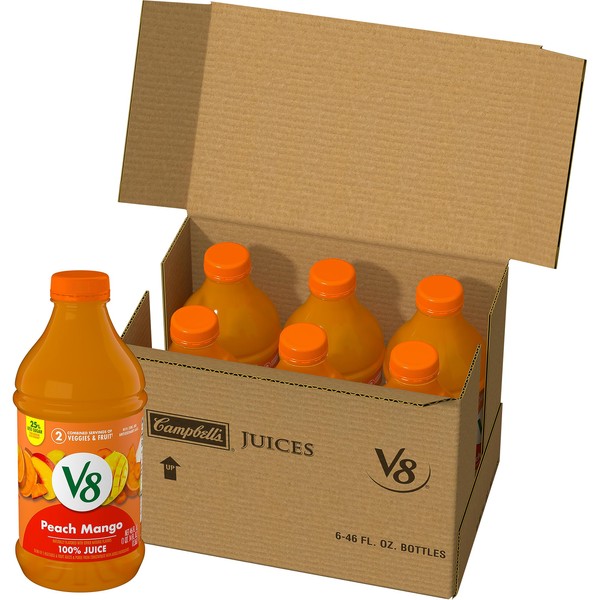 V8 Blends 100% Juice Peach Mango Juice, Fruit and Vegetable Juice Blend, 46 FL OZ Bottle (Pack of 6)