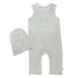 HonestBaby Sleeveless Rib Coverall and Beanie set Organic Cotton for Baby Boys, Girls, Light Gray Heather, 24 Months