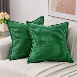 HAUSSY Emerald Green Small Throw Pillow Covers 12x12 Inch Set of 2, Soft Solid Corduroy Striped/Wide Bordered,Square Decorative Cushion Case,Modern Home Decor for Couch,Bed