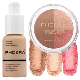 PHOERA Foundation, PHOERA Contour Palette, Farbtöne mit Highlighter, Bronzer und Rouge, PHOERA Makeup (104+ #002 Contour/Buff Beige+#002)