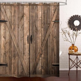 JAWO Brown Barn Door Shower Curtain, Wooden Vintage Farmhouse Country Ranch Decor, Fabric Bathroom Curtain Set with Hooks, Waterproof Curtain for Bath Shower 69x70inches