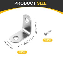 sourcing map 8Pcs L-Shaped Brackets Corner Brace, 1.18"x1.18"x0.63" Corner Bracket Shelf Bracket Right Angle Brackets for Wood Shelves Furniture (30x30x16mm, Silver)