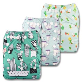 Littles & Bloomz, Reusable Pocket Cloth Nappy, Fastener: Popper, Set of 3, Patterns 316, with 6 Bamboo Inserts