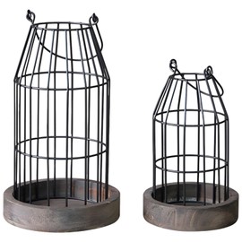 Rustic Farmhouse Lantern Decor Set of 2, Vintage Iron Candle Holders with Black Metal Frame, Wood Base, Indoor Decorative Lanterns for Living Room, Dining Table, and Special Occasions