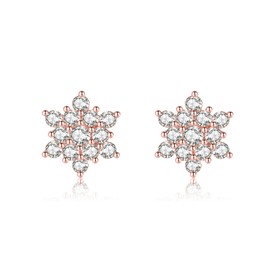 Reffeer Solid 925 Sterling Silver Sparkling Snowflake Earrings Stud for Women Teens Crystal Snowflake Stud Earrings (C-Rose Gold)