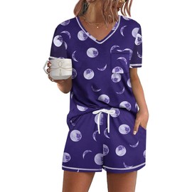 Ekouaer Women's Pajamas Sets Short Sleeve Lounge Sets Sleepwear Casual Two Piece Pjs With Pockets Moon Print Small