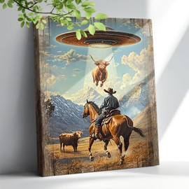 12x16 Inch Frameless Canvas Art, Sci-Fi Western Wall Decor, Unique UFO Painting Gallery Wrap Ready to Hang for Living Room, Man Cave
