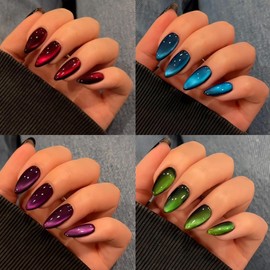 KQueenest 4 Packs Gel Press On Nails Almond, Cat Eye Press On Nails Medium, Dark Fake Nails Press Ons Chrome Black, Glitter Sparkle Glue On Nails for Women Summer, 120 Pcs Goth False Nails Kit